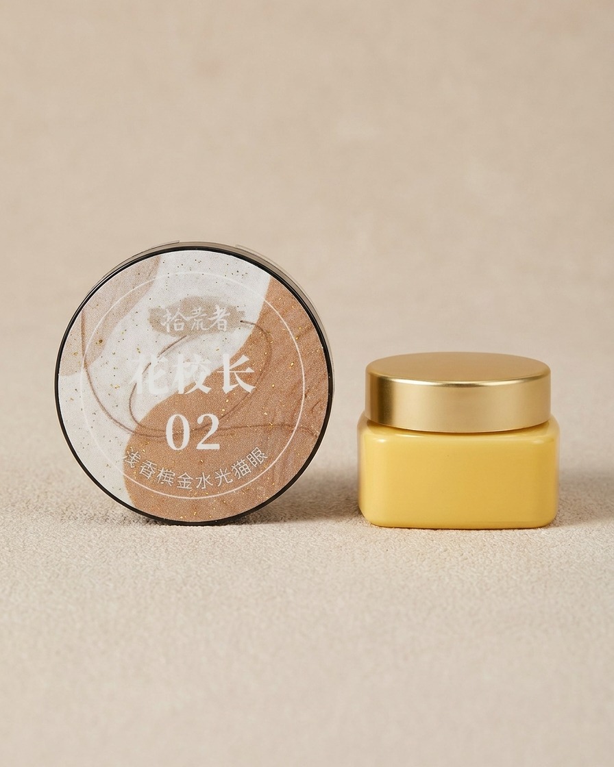 Un piccolo contenitore di gel cat eye color champagne accanto a ununghia laccata.