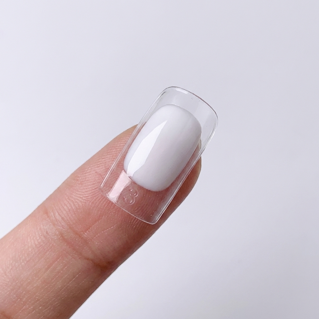 Primo piano di un pennello che applica uno smalto gel bianco latte su una tip trasparente.
