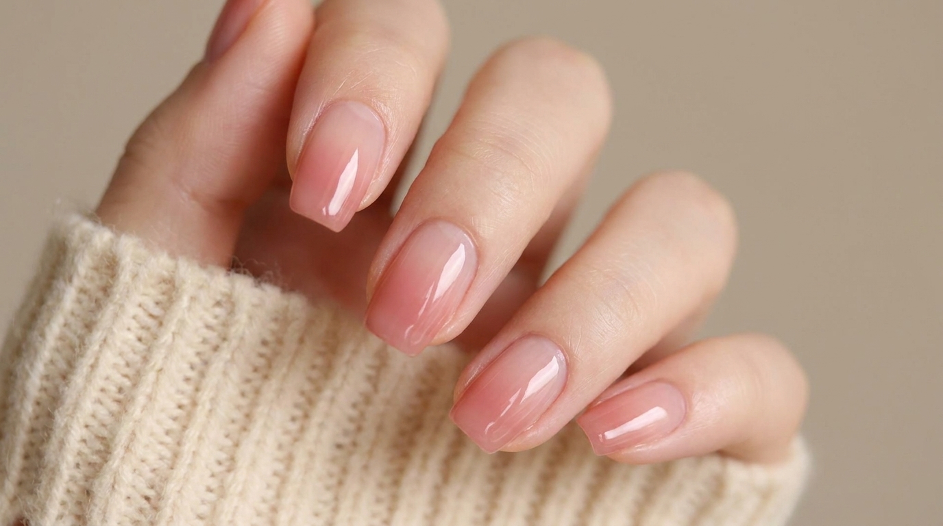 Primo piano di una manicure ombré nude pink con finitura lucida su unghie curate, tenute naturalmente contro una manica in maglia chiara.