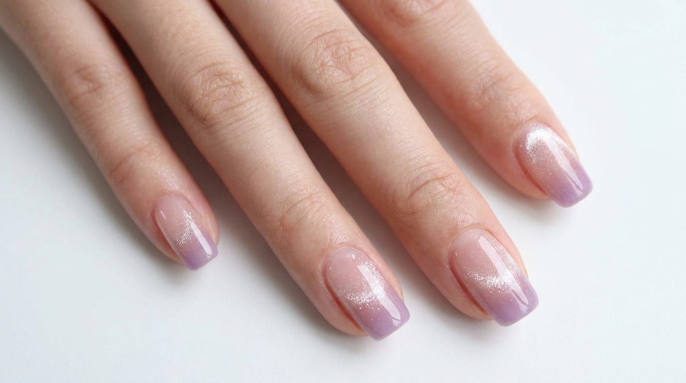 Sfumatura delicata dal rosa nude al viola sulla punta con un brillante effetto cat-eye.