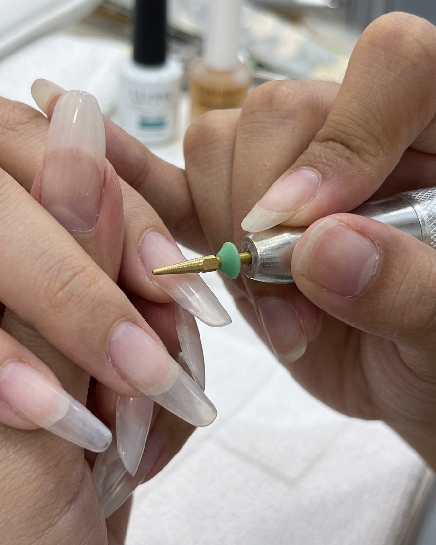 Una punta per fresa dorata a forma di cono che leviga la linea di transizione tra una tip trasparente e il letto ungueale naturale.