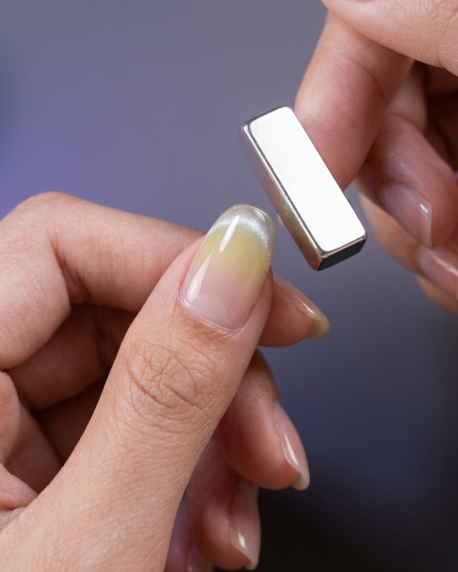 Primo piano che mostra un magnete sottile usato per tirare lo smalto magnetico in una linea definita sulla punta dellunghia.