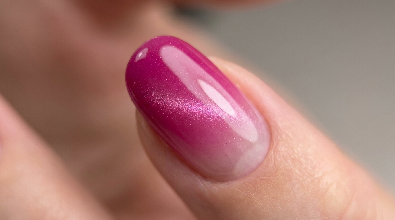 Una splendida sfumatura unghie da magenta a trasparente arricchita da un riflesso magnetico cat-eye e una finitura ultra-lucida.