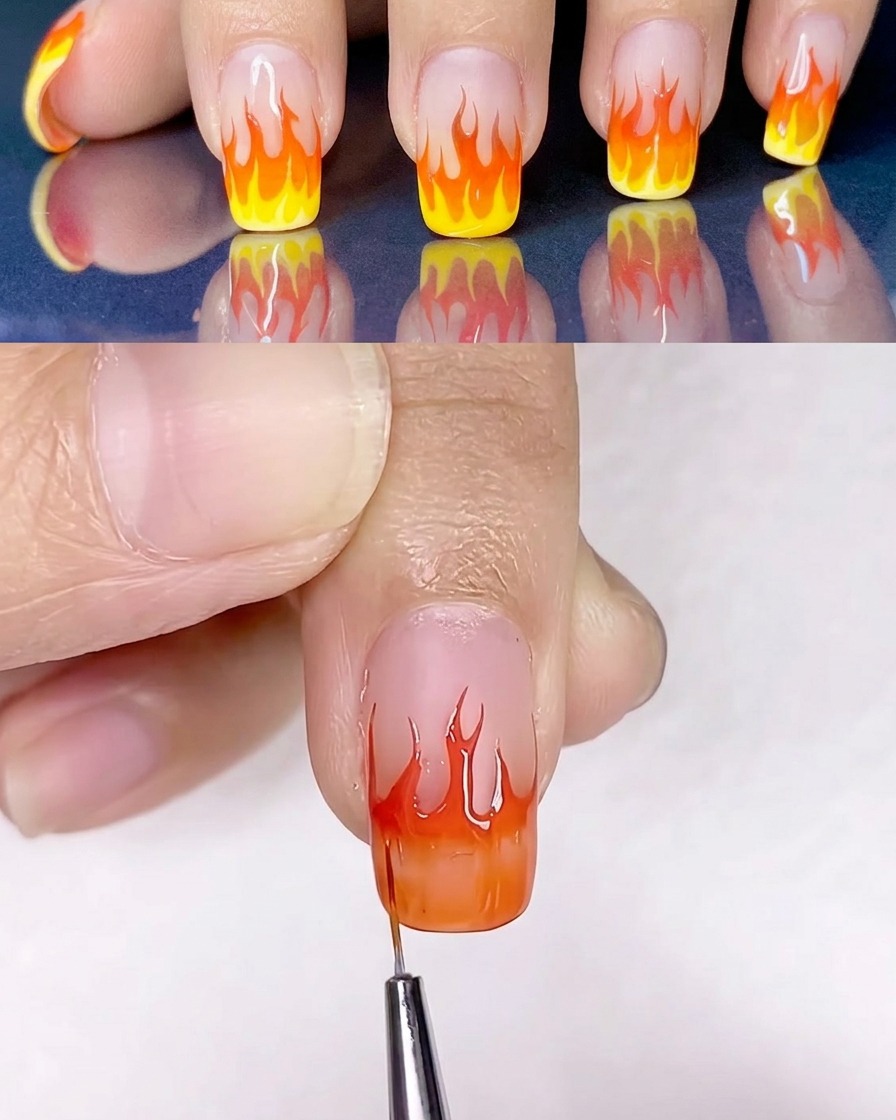 Un pennello piatto sfuma il gel giallo e arancione sulla superficie dellunghia.