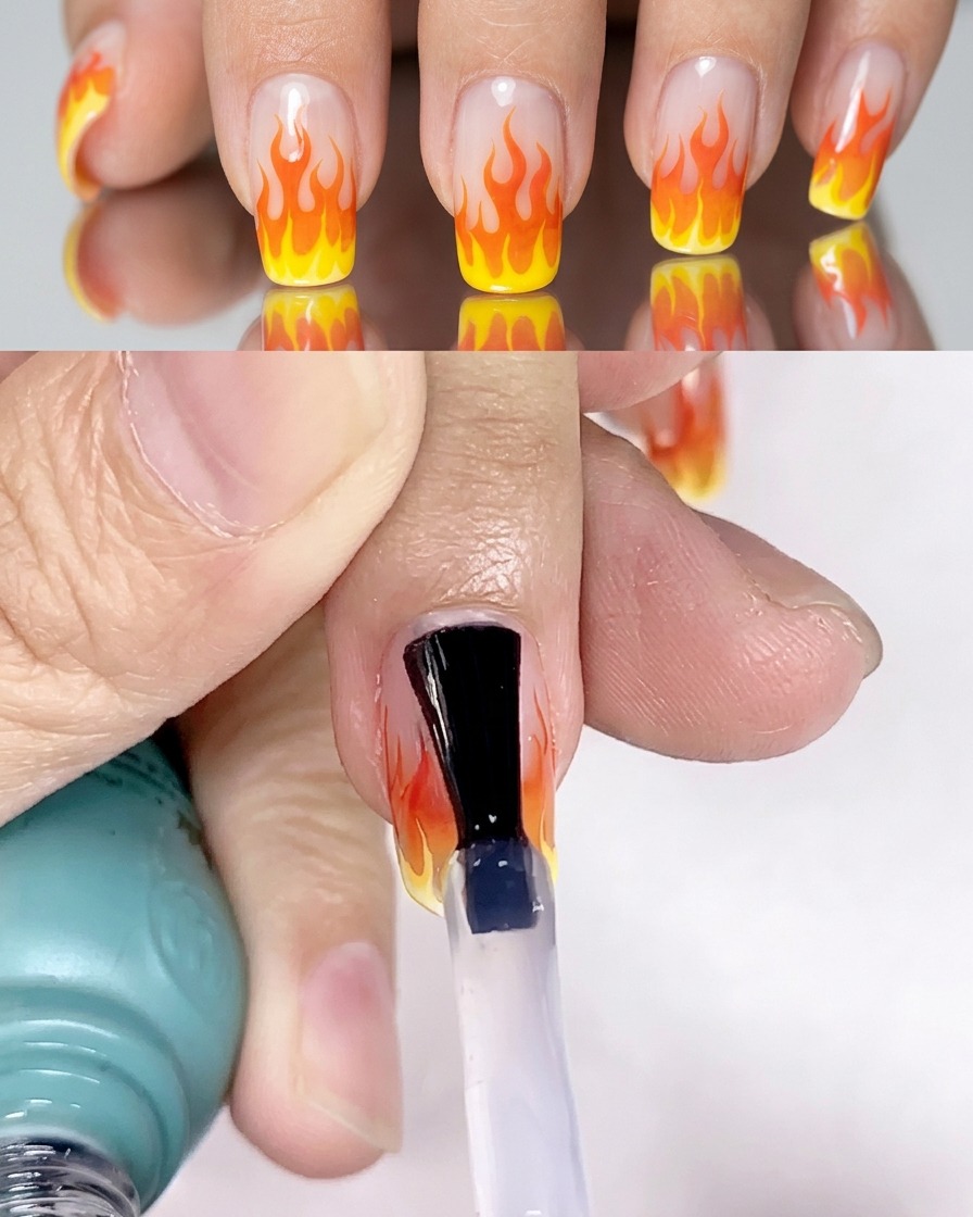 Applicazione del top coat trasparente finale sul design a fiamme completato.