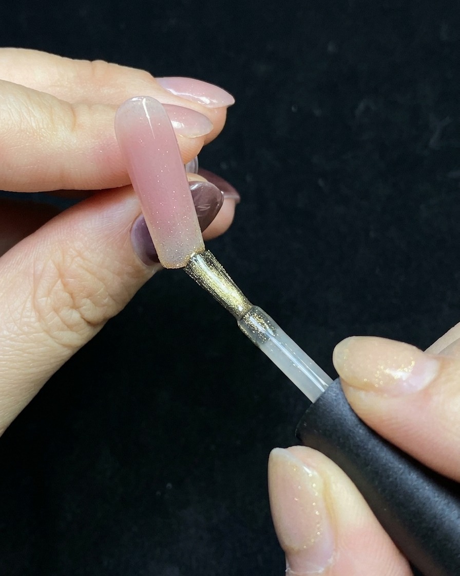 Un pennello che applica gel cat-eye glitterato dorato sulla punta di ununghia con base nude.