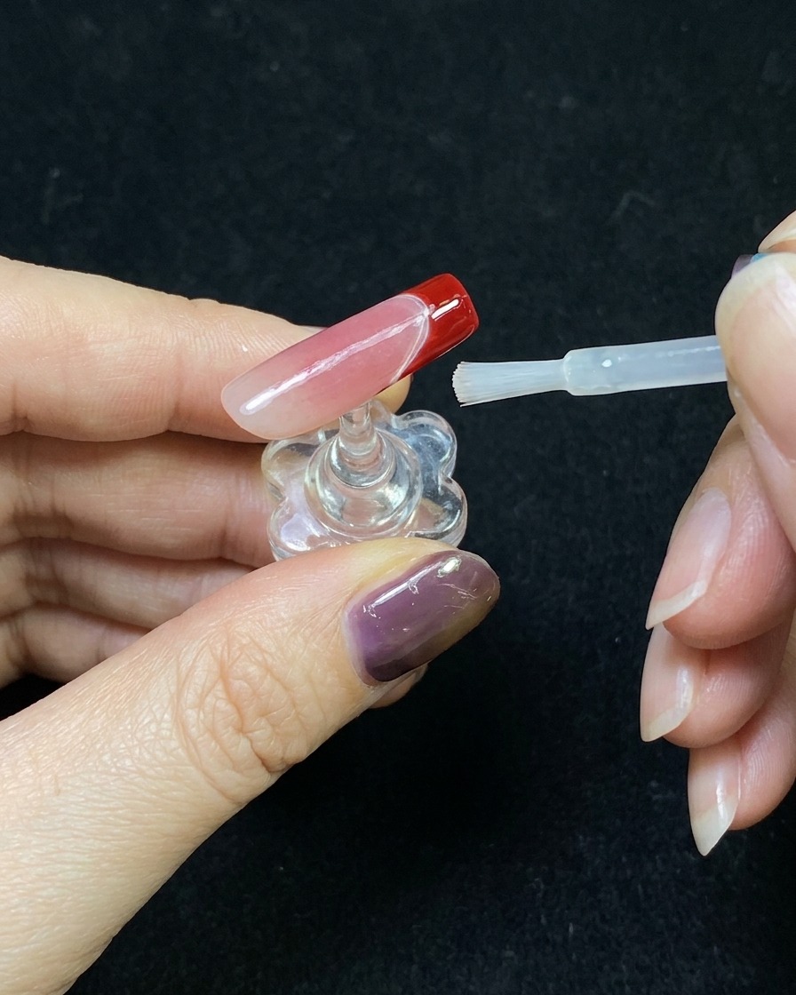 Applicazione di un top coat lucido su una french manicure rossa finita.