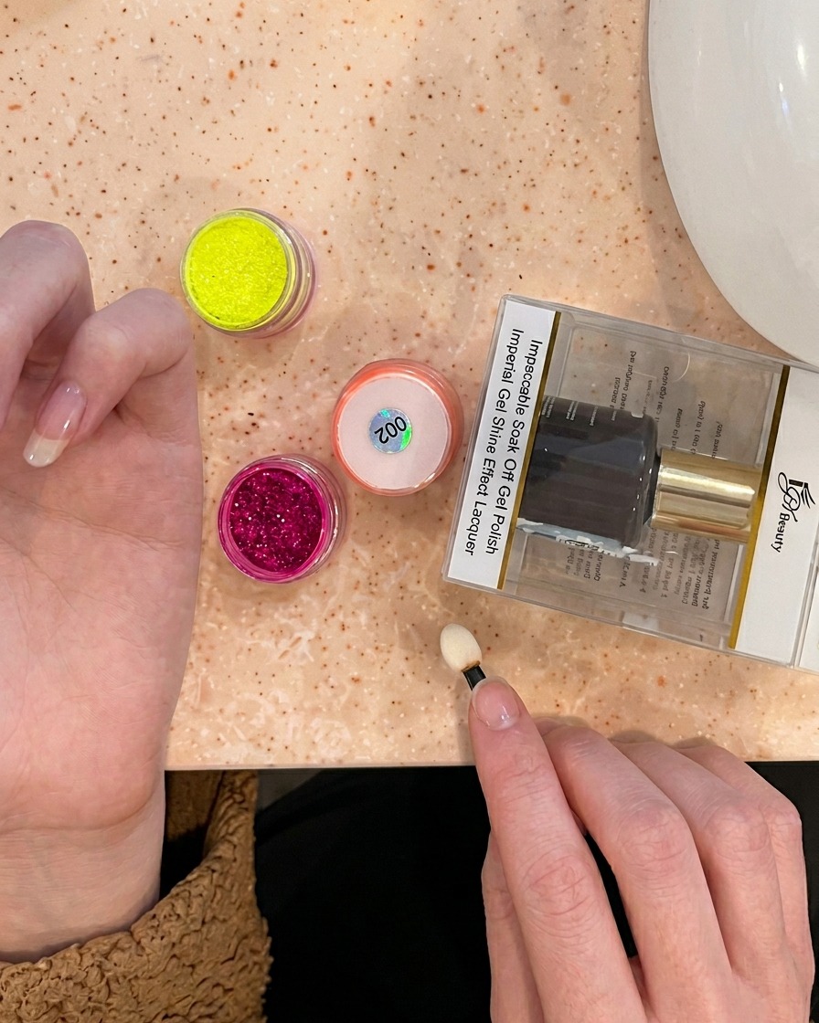 Un applicatore a spugna sfuma il pigmento arancione nellarea rosa dellunghia decorata.