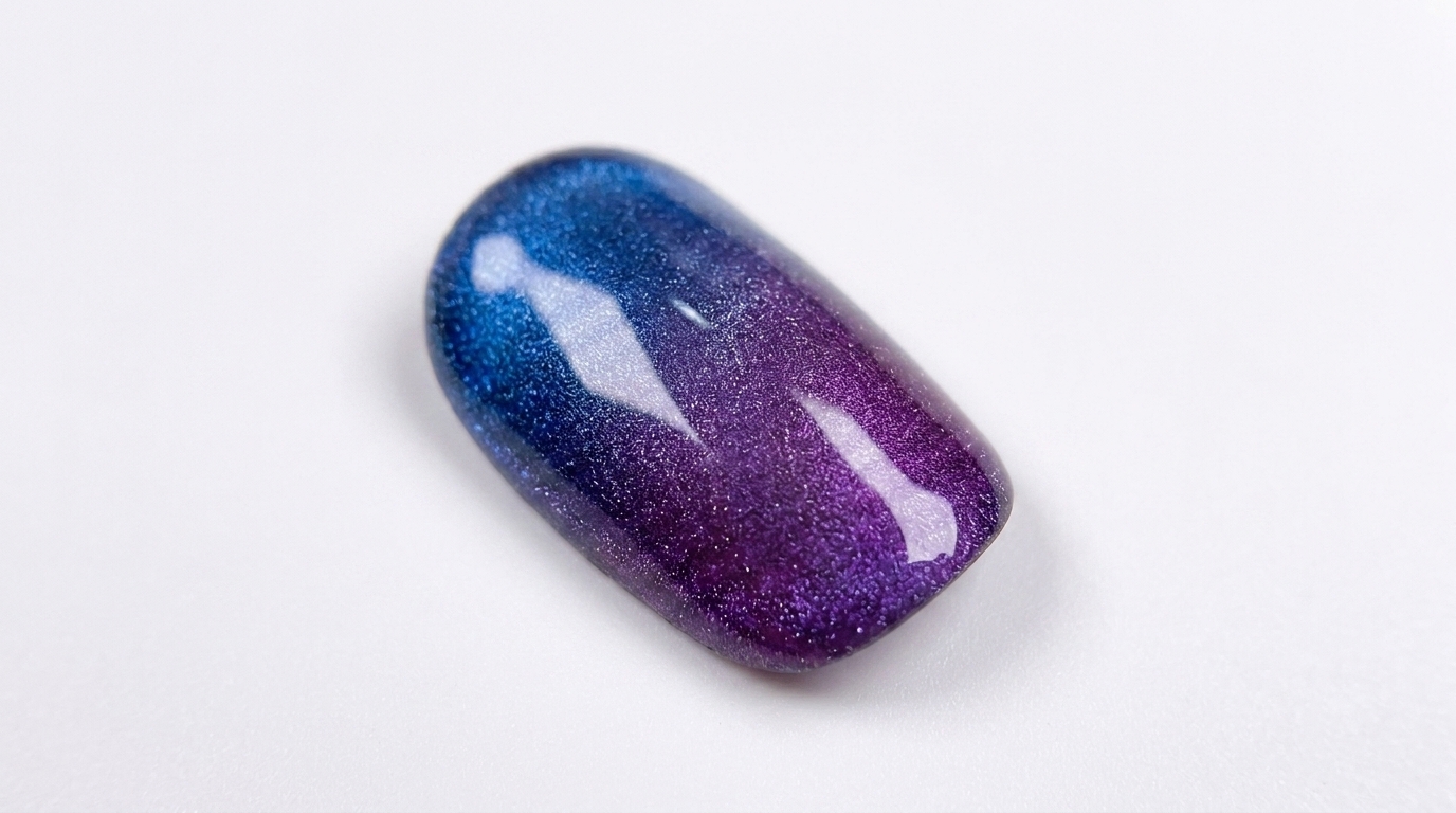 Una splendida sfumatura cat-eye dal blu al viola con finitura lucida e un accento 3D strutturato.
