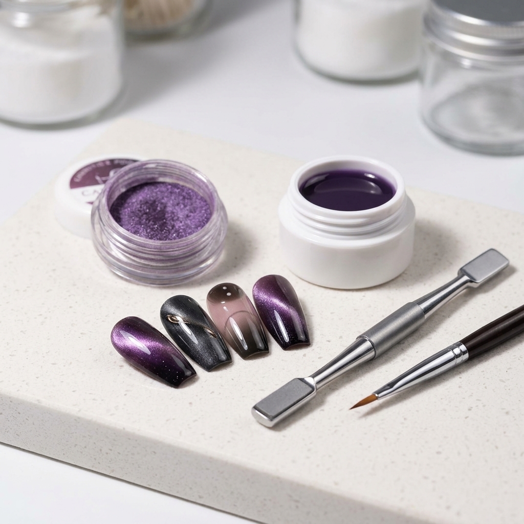 Un magnete tenuto vicino allunghia per modellare il pigmento cat eye viola in un motivo decorativo.