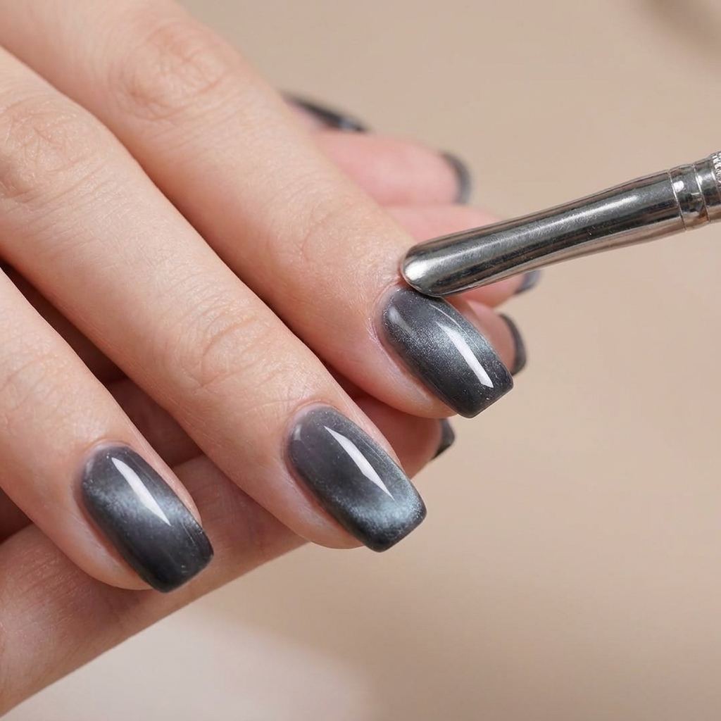 Uno strumento magnetico fatto passare sopra ununghia dipinta con gel cat eye blu per creare un effetto riflettente.
