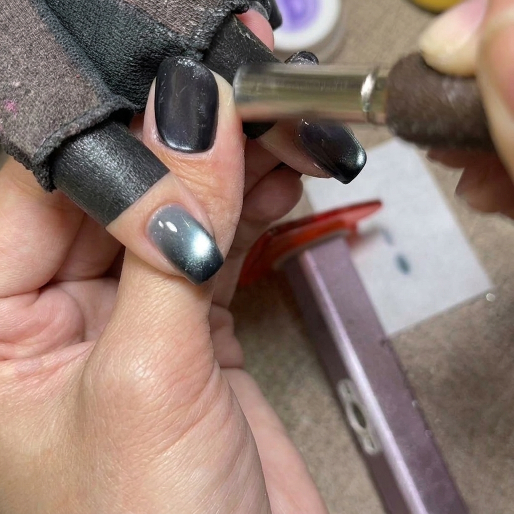 Uno strumento magnetico utilizzato per rifinire il riflesso su ununghia cat eye blu.