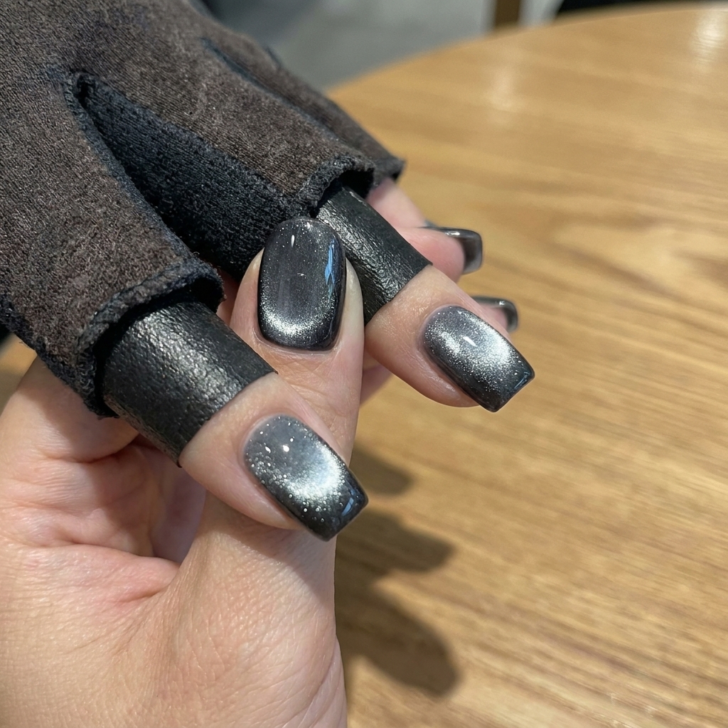 Una mano con smalto cat eye blu che riposa allinterno di una lampada UV per il processo finale.