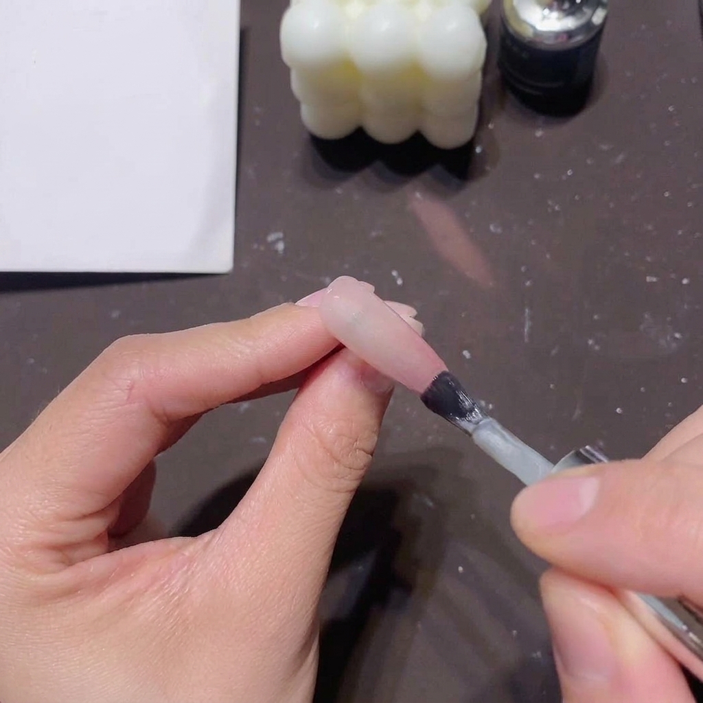 Il pennello di un flacone di smalto gel applica uno strato generoso di gel cat-eye magnetico trasparente su ununghia con ombré rosa e trasparente.