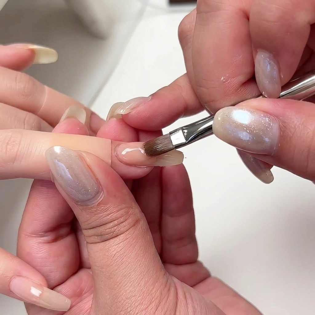 Un pennello per unghie che applica un gel costruttore color nude al centro dellunghia, distribuendolo uniformemente.