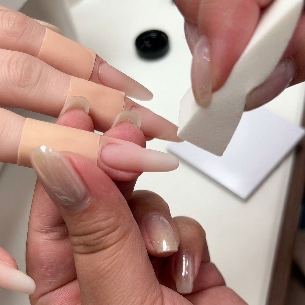 Un blocco buffer che leviga la superficie di ununghia con gel costruttore color nude.