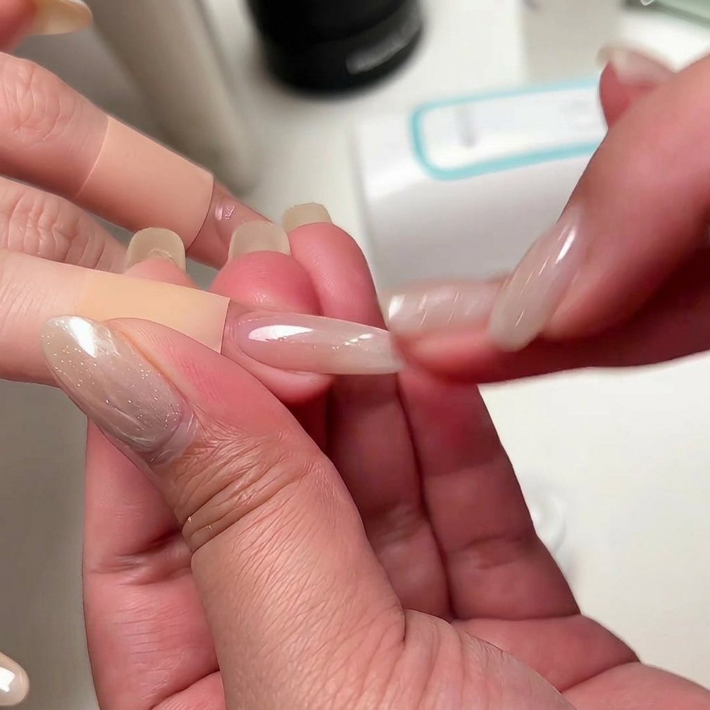 Primo piano di una mano che strofina delicatamente della polvere cromata brillante su ununghia gel con ombré bianco latte.