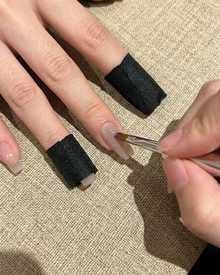 Primo piano di un pennellino che applica una base gel trasparente su ununghia naturale in modo uniforme.