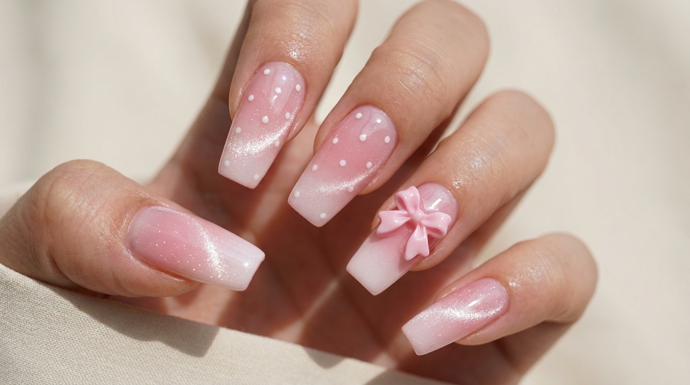 Una dolcissima nail art sfumata nei toni del rosa con pois bianchi, uno scintillio cat-eye e lapplicazione di un fiocchetto rosa 3D.