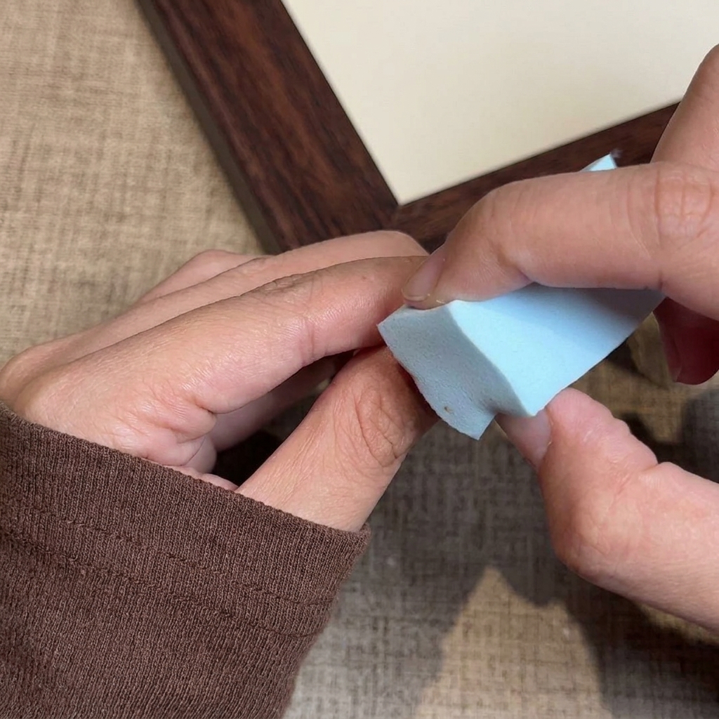 Una spugnetta da trucco premuta su ununghia per trasferire lo smalto gel e creare leffetto ombré.