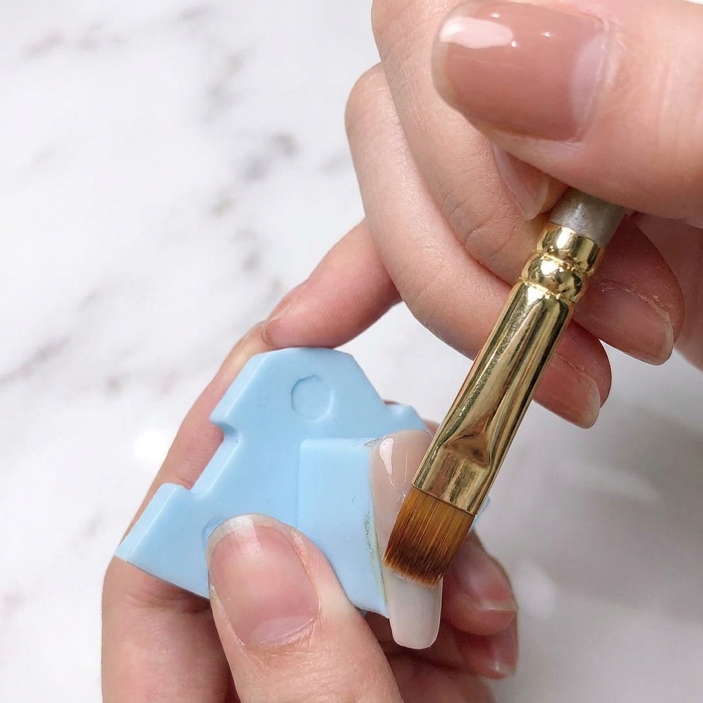 Un pennello per ombré viene utilizzato per sfumare lo smalto bianco nella base rosa per creare un effetto gradiente.