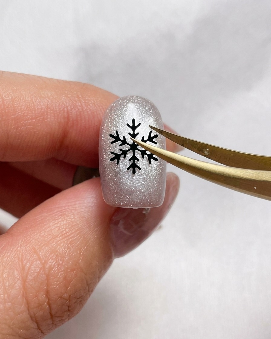 Pinzette che tengono un piccolo adesivo nero a forma di fiocco di neve sopra ununghia argentata.