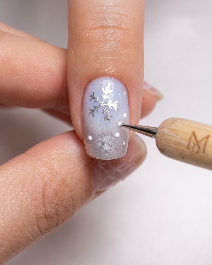 Dettaglio di un dotting tool che applica minuscoli punti di gel bianco su ununghia invernale azzurra e argento.