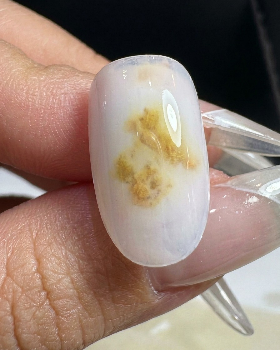 Una singola unghia con una morbida sfumatura posizionata allinterno di una lampada LED professionale.