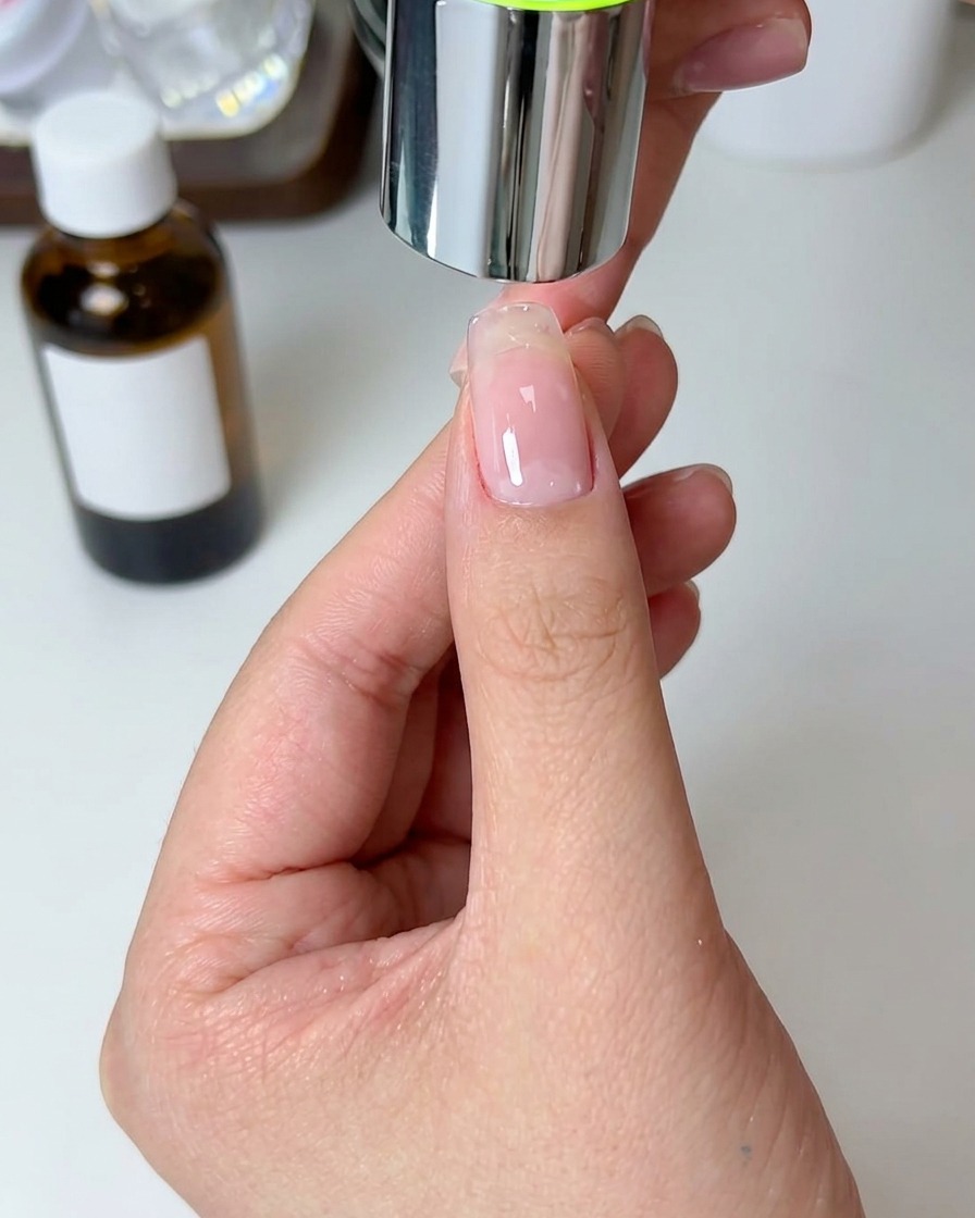 Una mano posiziona un dito sotto una lampada LED compatta per polimerizzare il gel.