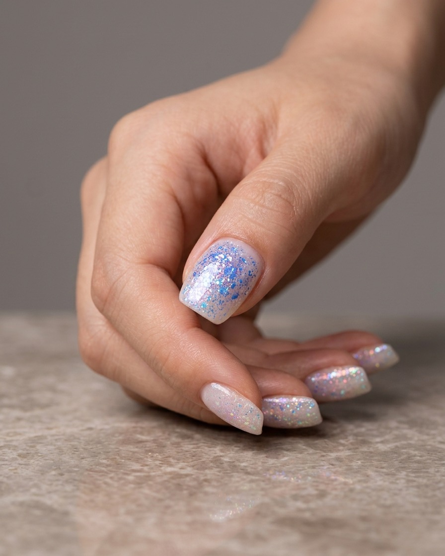 Primo piano di ununghia che viene dipinta con gel testurizzato blu su una base in gel marmorizzata multicolore preesistente.