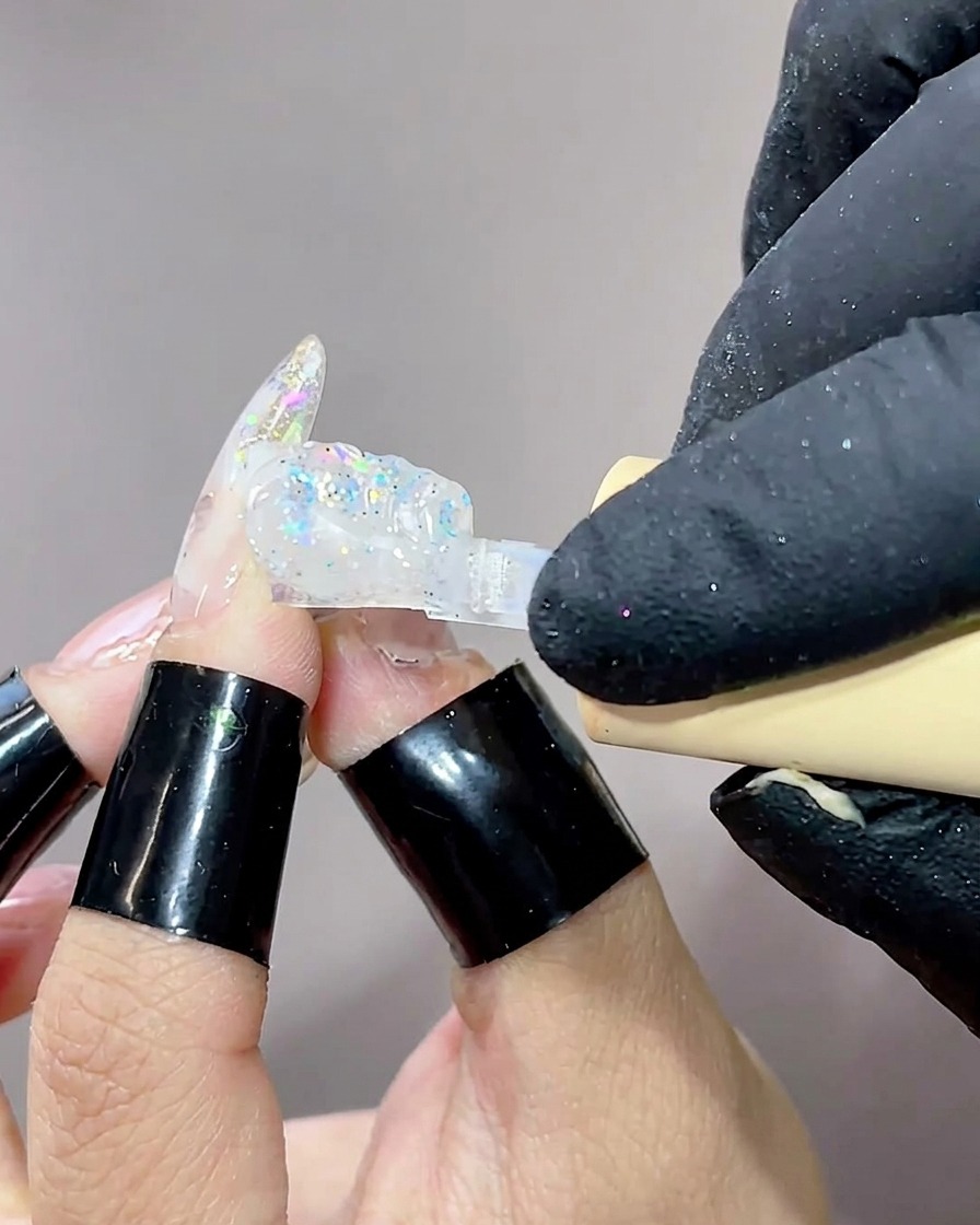 Primo piano di un pennello che applica un gel costruttore trasparente e viscoso su ununghia già decorata con smalto effetto aurora.