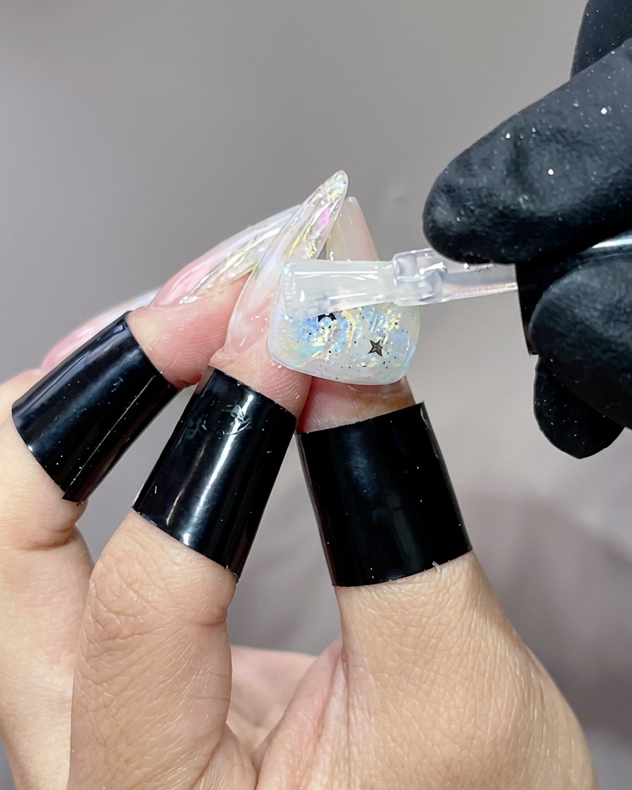 Un pennello che applica un ultimo strato di top coat lucido sopra il design dellunghia finito con i glitter a stella.
