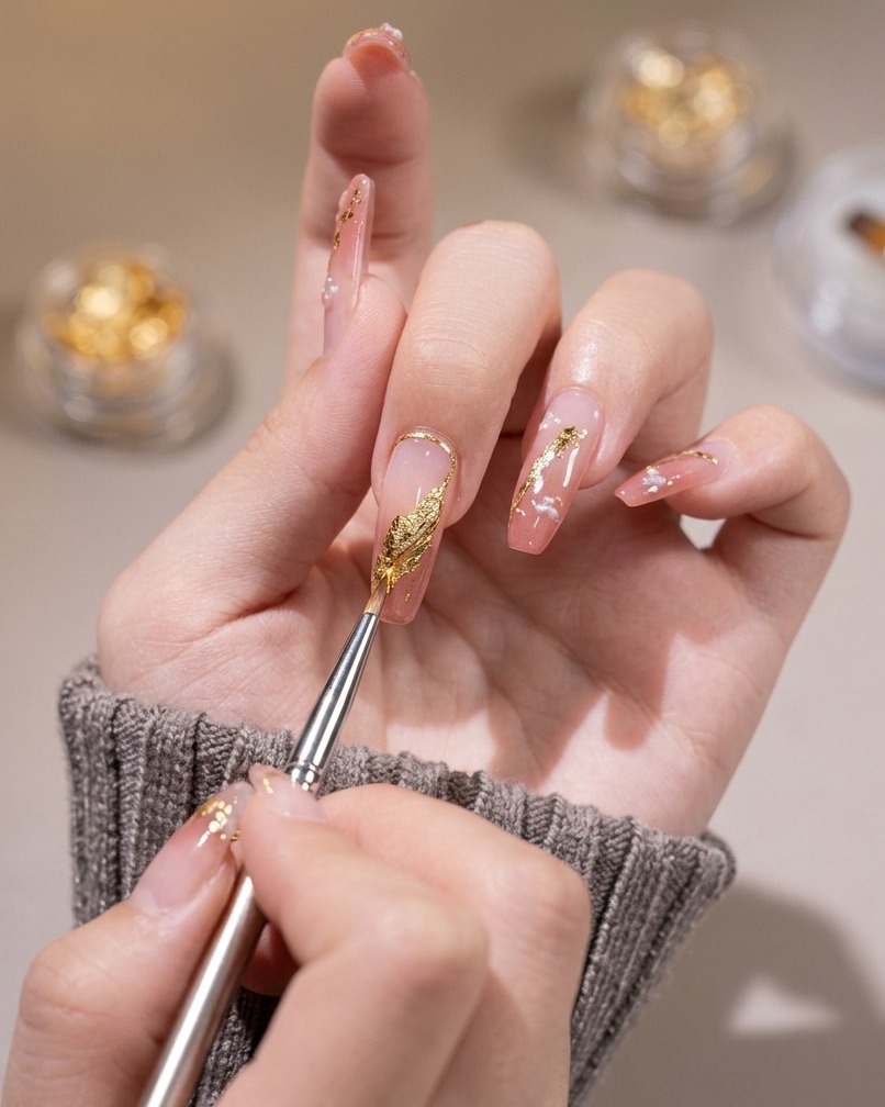 Un pennello liner usato per appiattire e posizionare le decorazioni in foglia oro su ununghia.