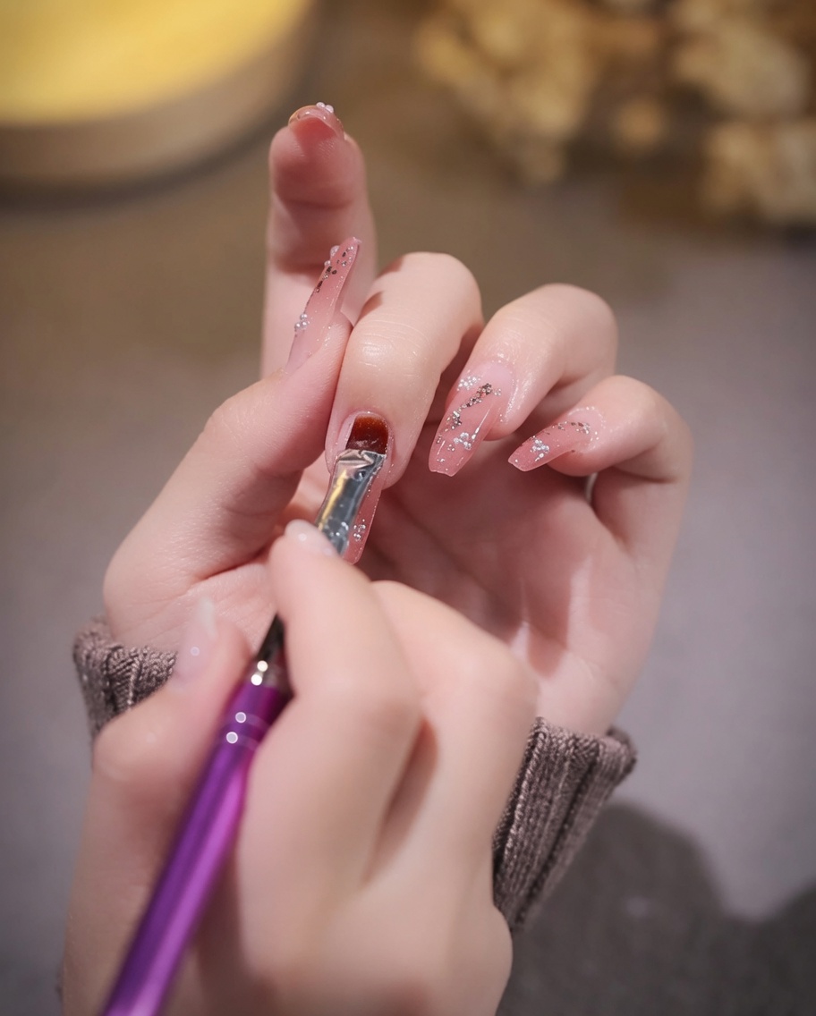 Un pennello che applica un top coat trasparente e lucido sopra ununghia decorata.