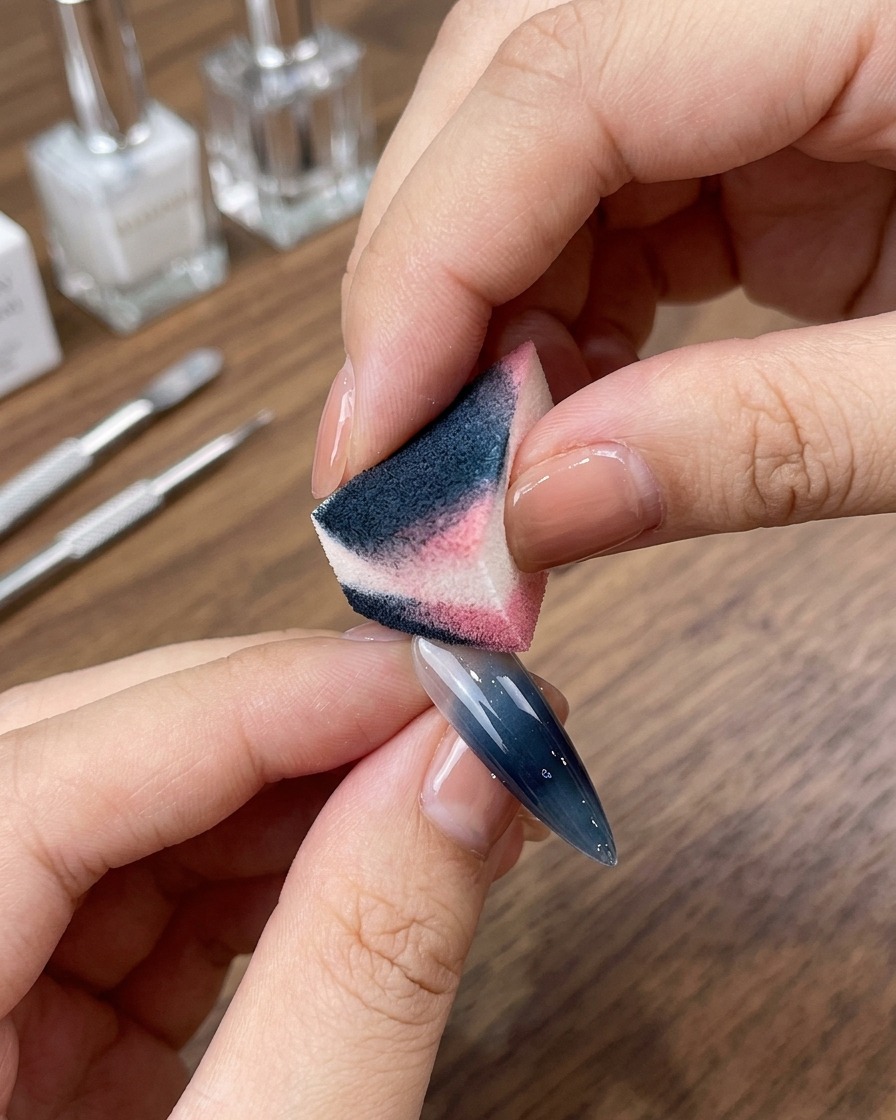 Una spugnetta per makeup picchietta pigmento bianco sullunghia per creare un effetto French sfumato.