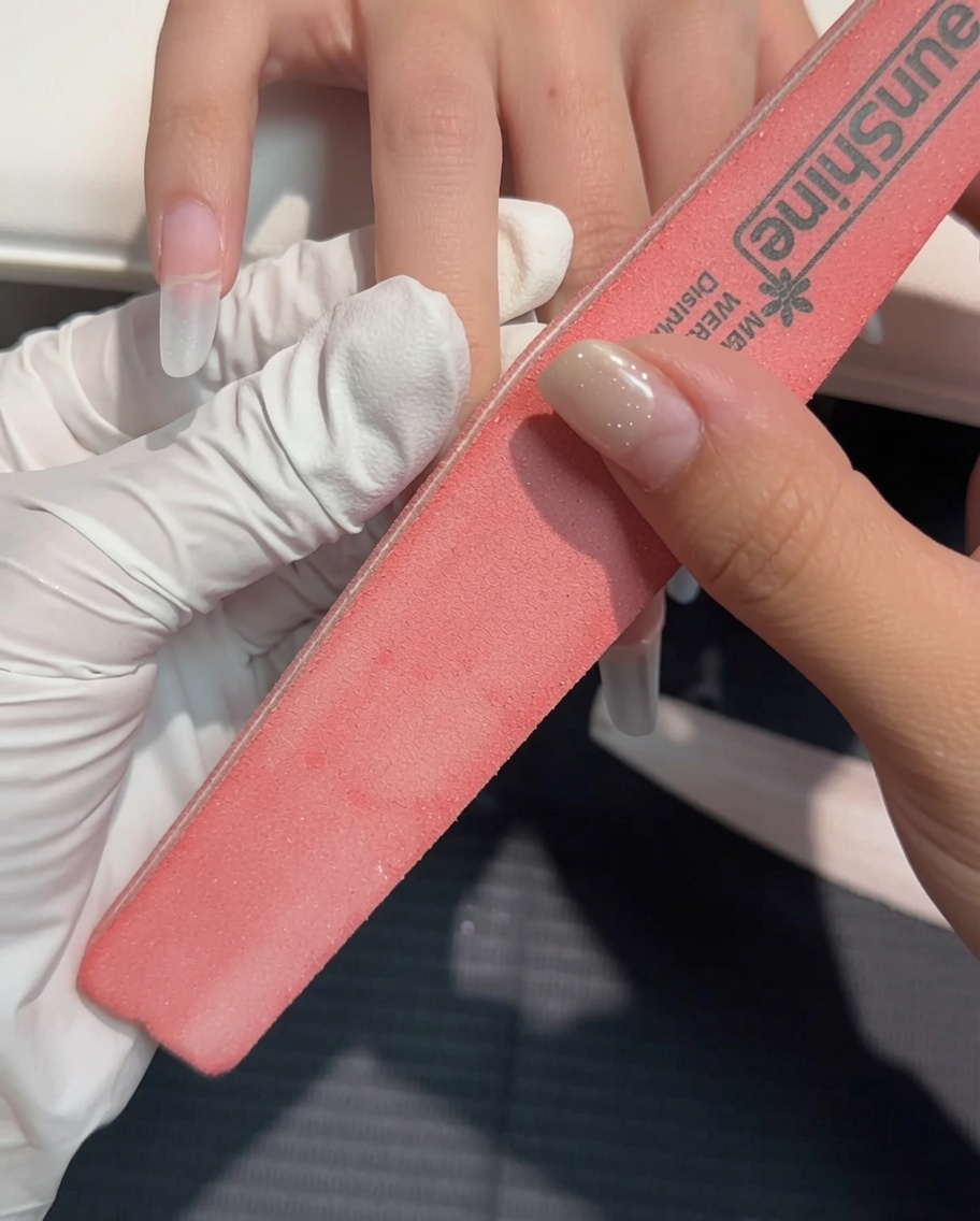 Una mano che utilizza un buffer per opacizzare delicatamente la superficie della tip.