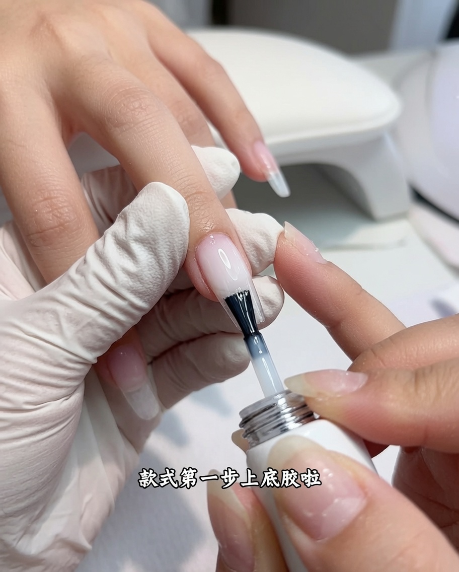 Un pennello che applica uno strato sottile di gel base trasparente sullunghia.
