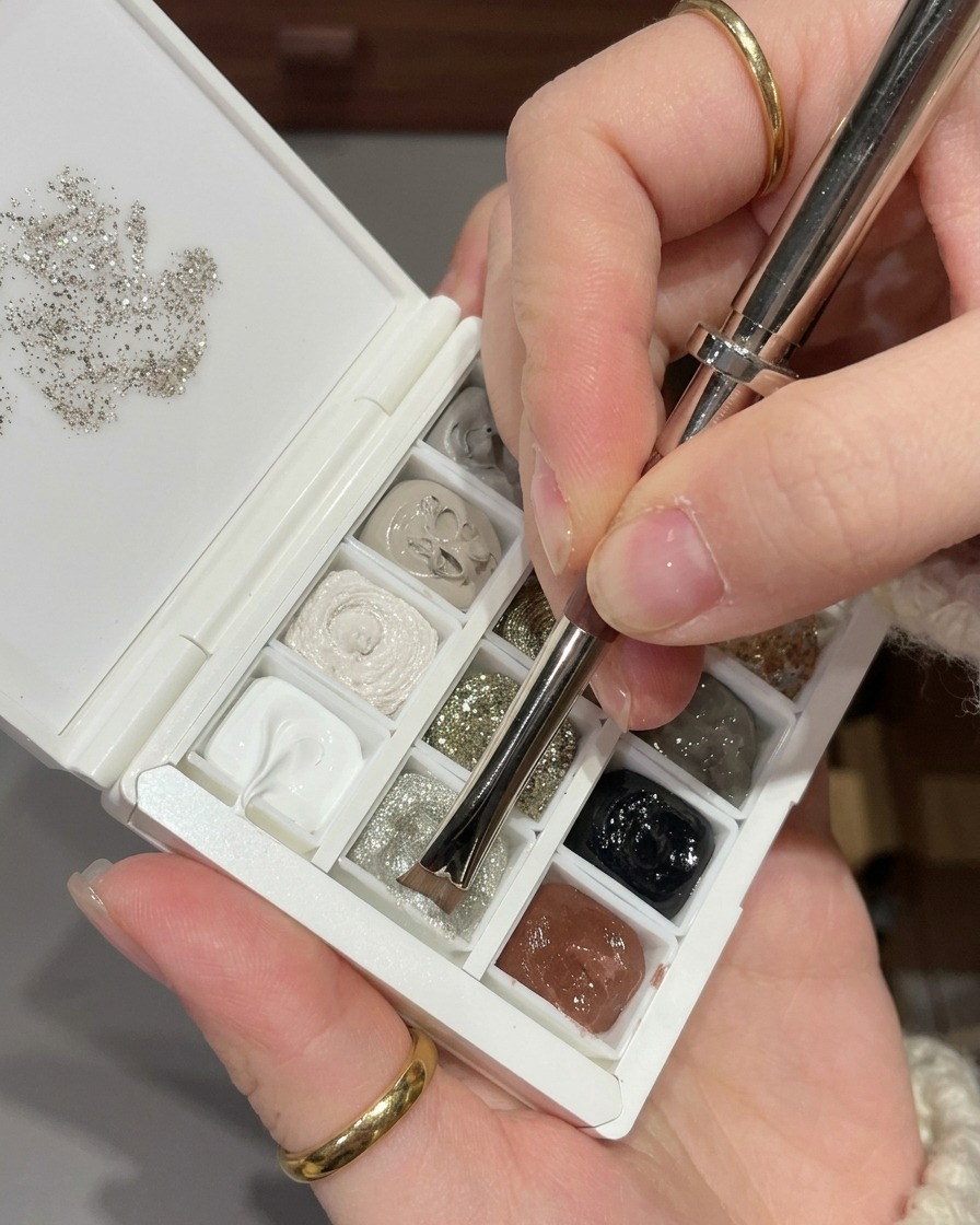 Pennello per nail art che preleva una piccola quantità di gel glitter argento fine da una tavolozza professionale.