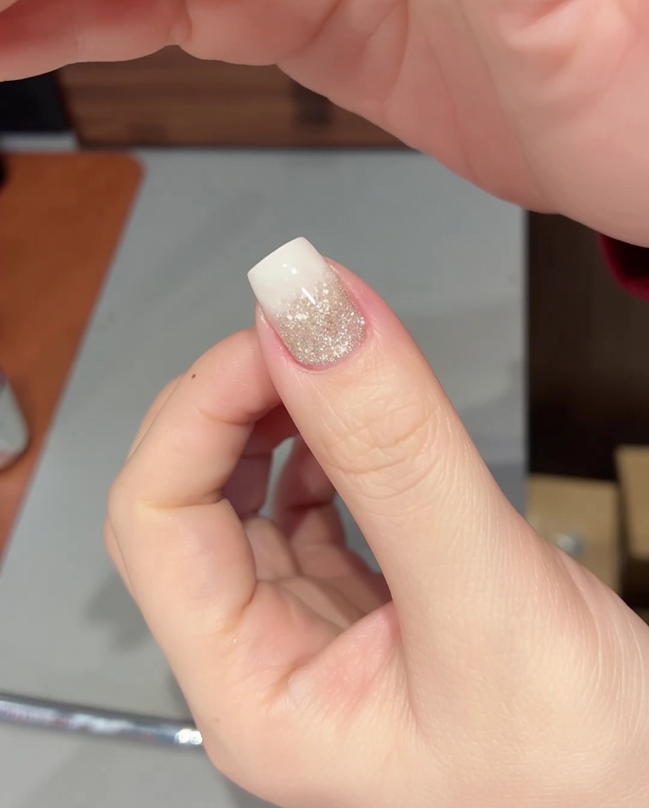 Primo piano di una mano posizionata sotto una lampada UV/LED per la polimerizzazione finale.