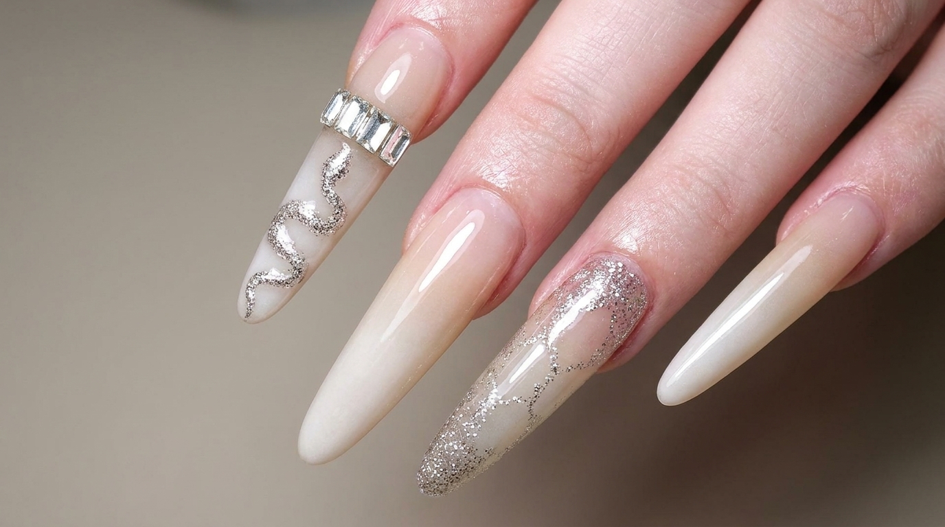Unghie a stiletto con sfumatura lattiginosa, serpente argento e strass