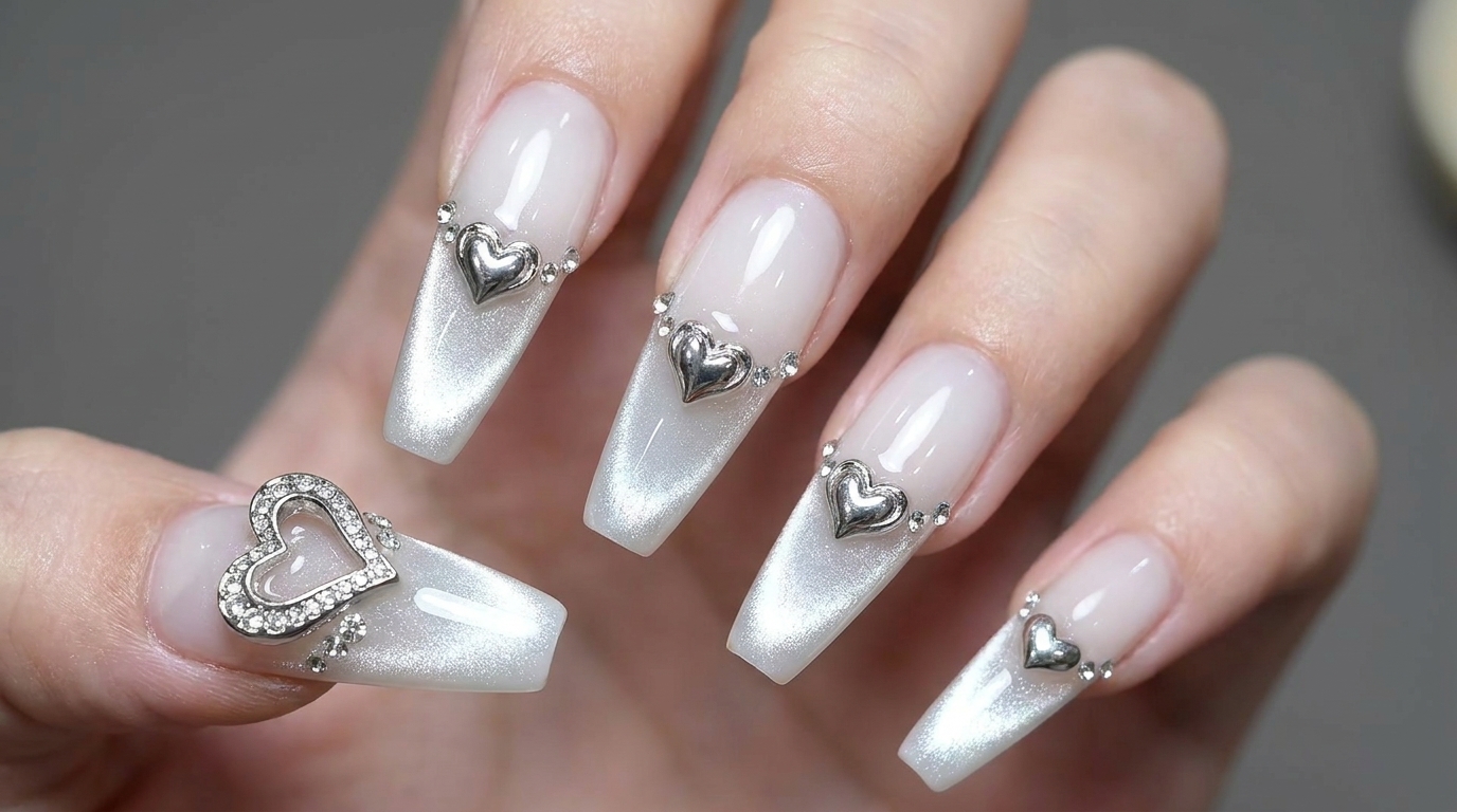 Unghie Cat Eye Bianco Latte con Cuori Cromati — Tutorial Passo Passo