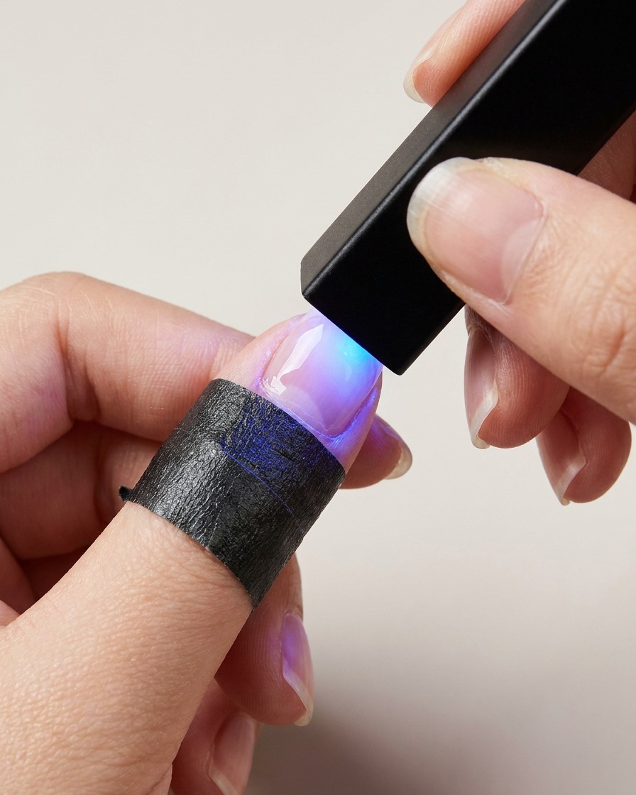 Mano che tiene una piccola lampada UV/LED nera sopra ununghia per polimerizzare il gel.
