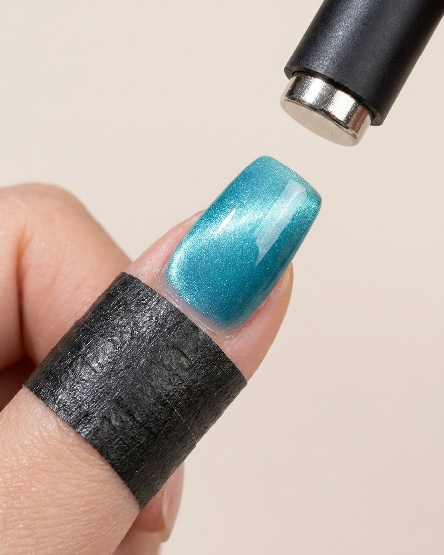 Magnete cilindrico che si muove lungo ununghia bagnata di gel cat-eye blu, creando una linea luminosa centrale.