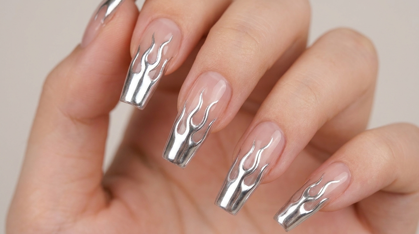 Stupenda nail art con fiamme cromate color argento su unghie quadrate, caratterizzata da una finitura a specchio ad alta brillantezza.