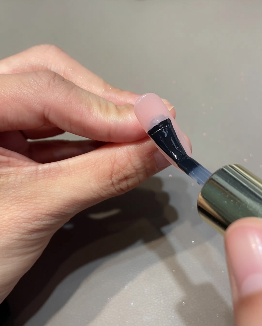 Vista ravvicinata di un pennello che applica una base coat gel trasparente su ununghia.
