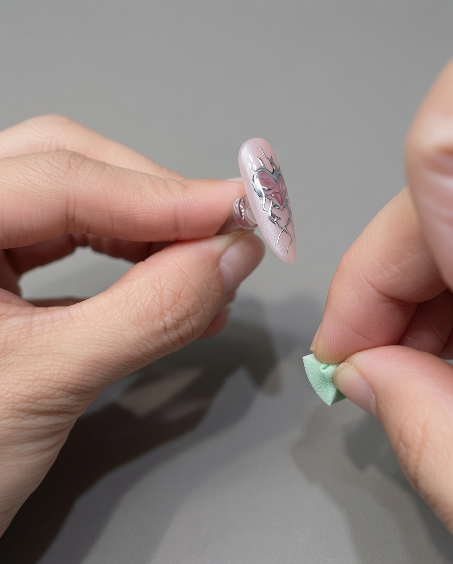 Una spugnetta per il trucco rimuove delicatamente la polvere cromo argento in eccesso dallunghia.