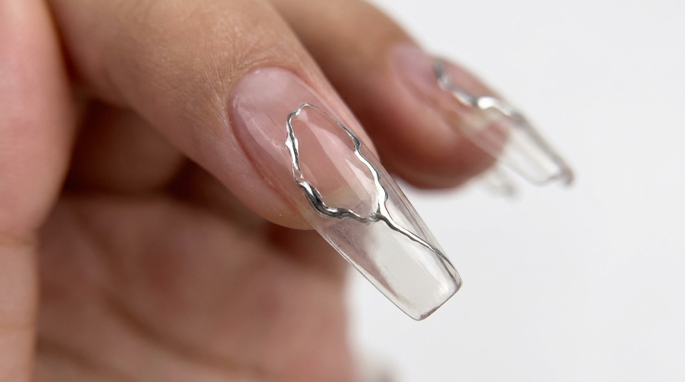 Un design astratto e alla moda con linee in argento metallizzato applicato su ununghia a estensione trasparente.
