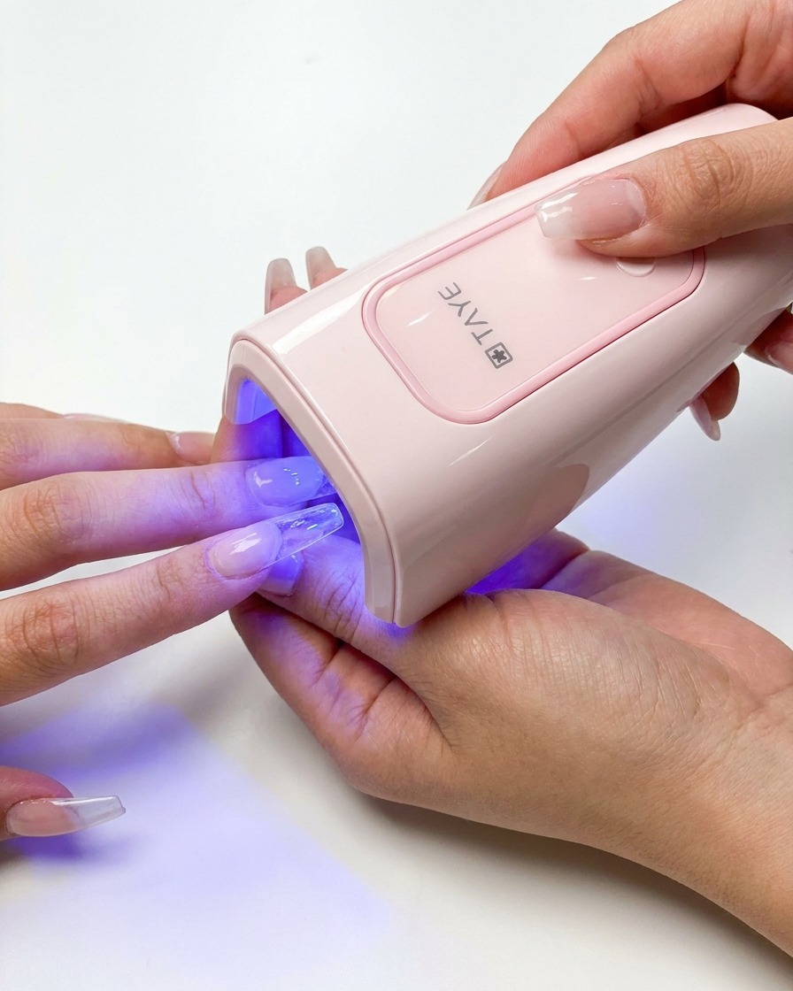 Una mano che tiene una piccola lampada UV sopra ununghia mentre si usano le pinzette per stringere lestensione.