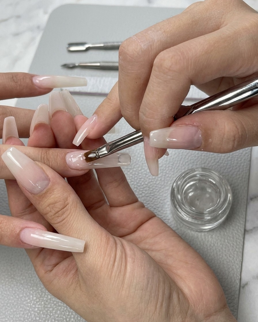 Un pennello piatto per gel che applica un colore di base nude traslucido su tutta lunghia.