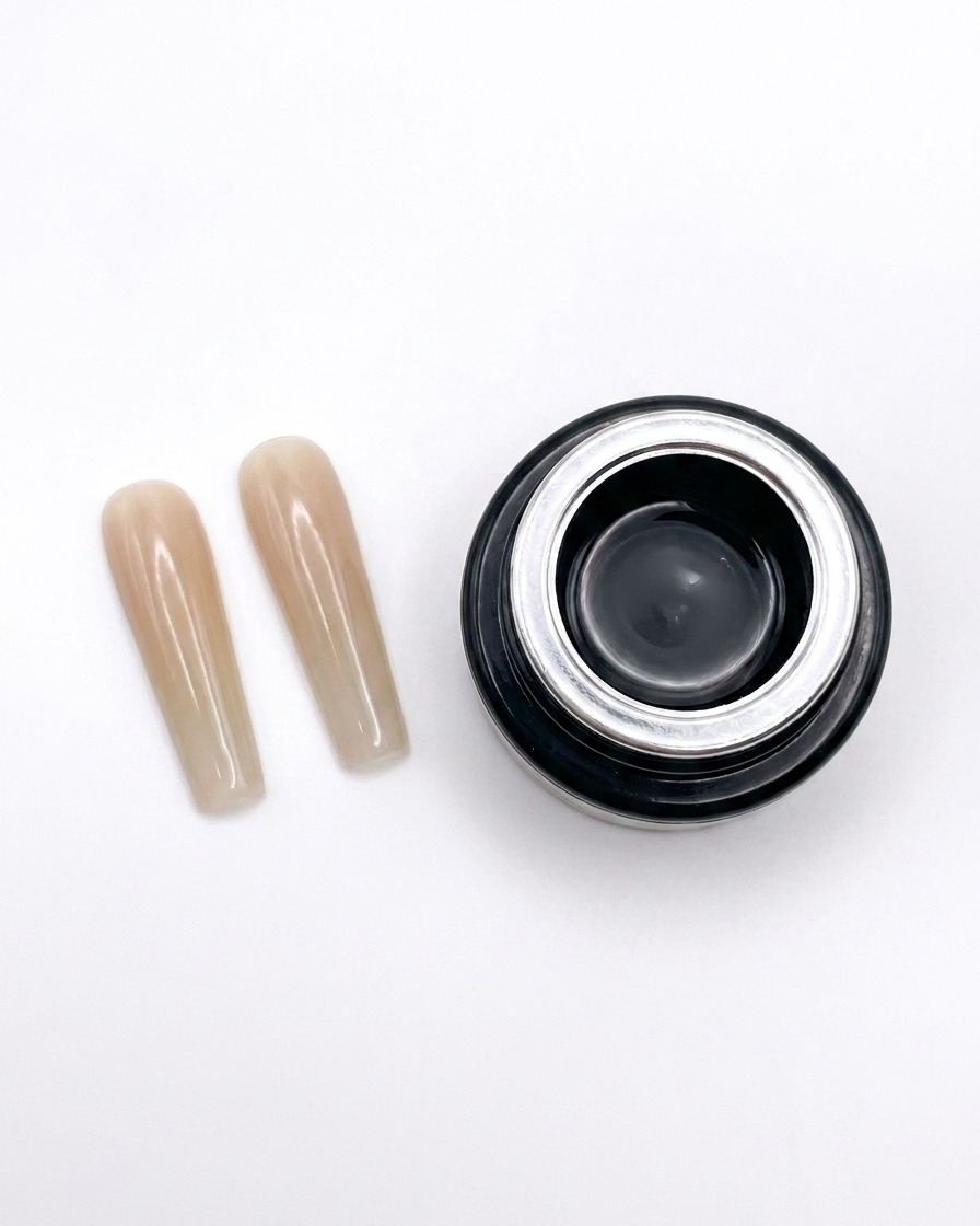 Un pennello che stende il gel nude su ununghia estesa di forma quadrata.